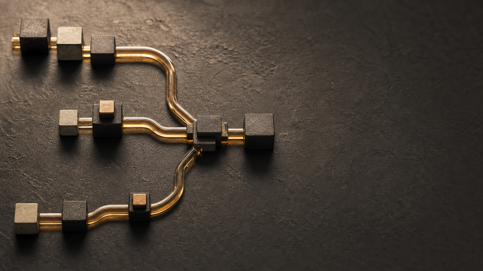 Amber routes converge through a set of dark workflow nodes.
